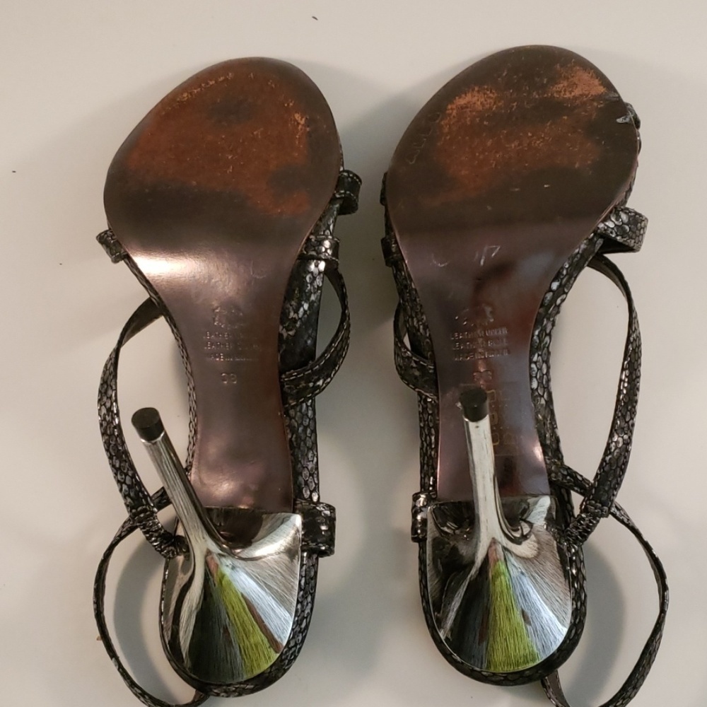 ALDO Sexy Stilettos Metallic Silver Snakeskin Strappy Heels 38 Fits 6.5 EUC - Picture 7 of 8